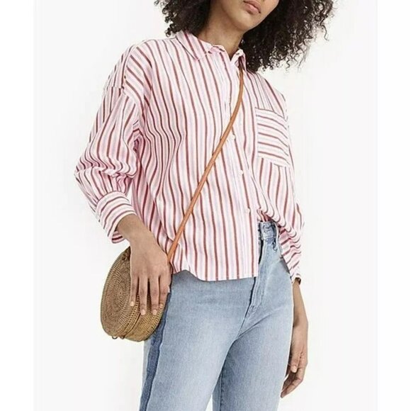 J. Crew Women's Oversized Button-up Cotton Poplin Trifecta Stripe Shirt Sz L - Picture 3 of 7